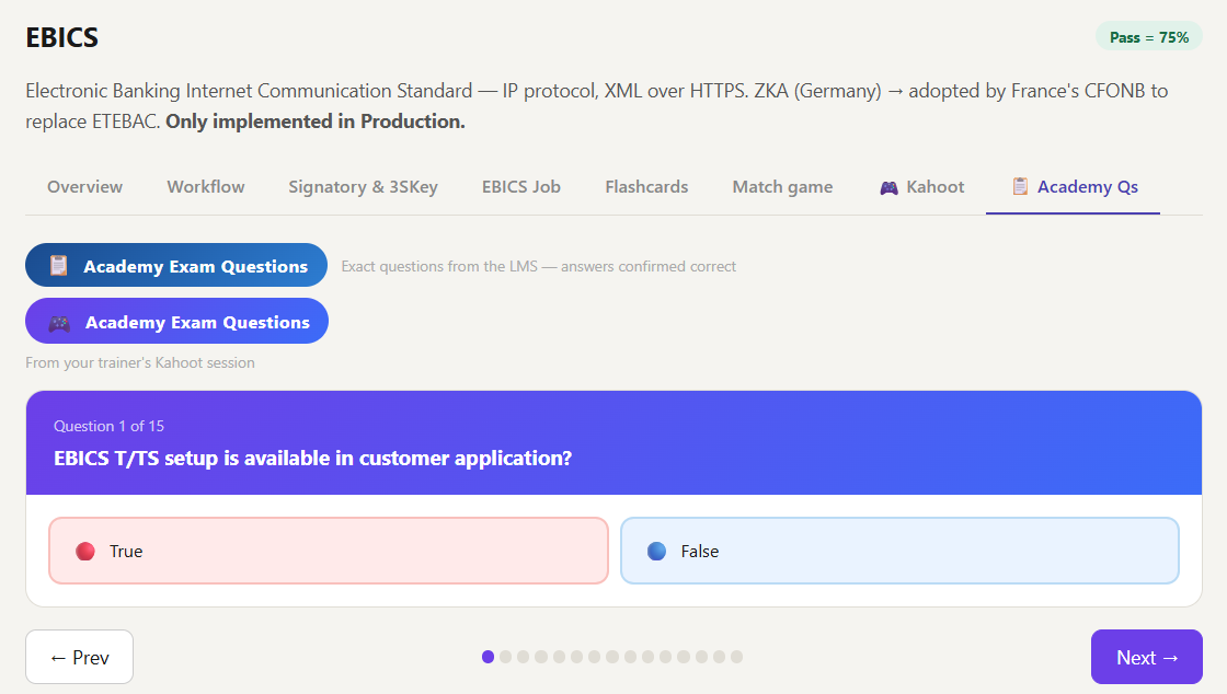 Kyriba study app academy questions tab showing an EBICS true-or-false question.