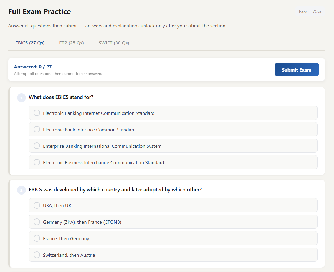 Kyriba study app full exam practice section with EBICS questions.