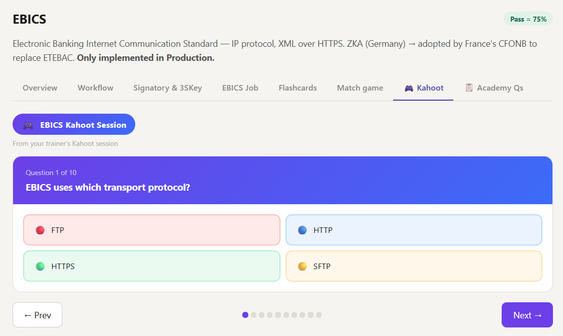 Kyriba study app Kahoot questions tab showing an EBICS quiz question.